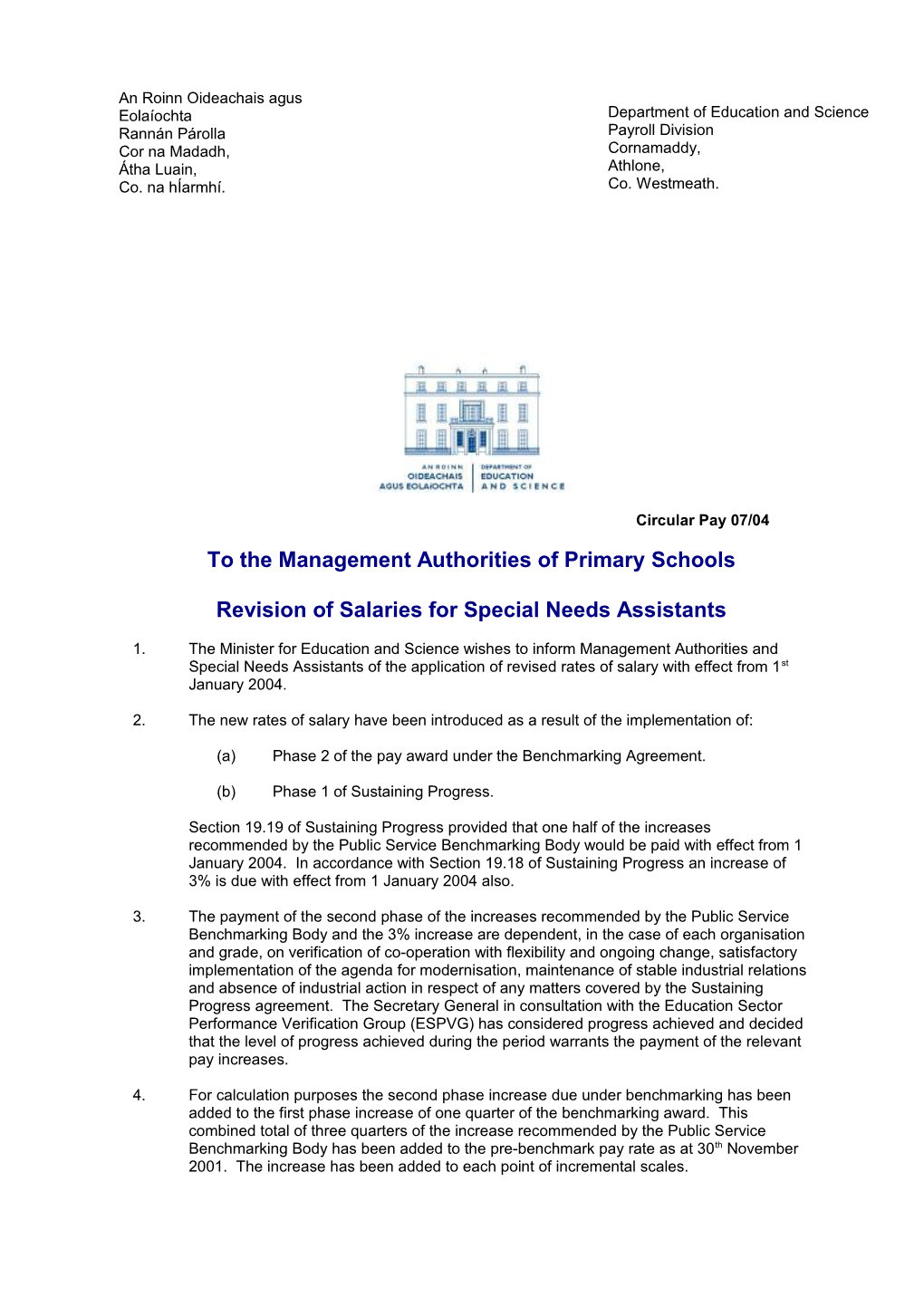 Circular 07/04 - Revision of Salaries for Special Needs Assistants - Primary (File Format