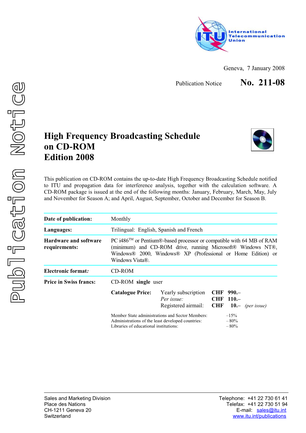 Publication Notice No. 211-08 High Frequency Broadcasting Schedule on CD-ROM Edition 2008