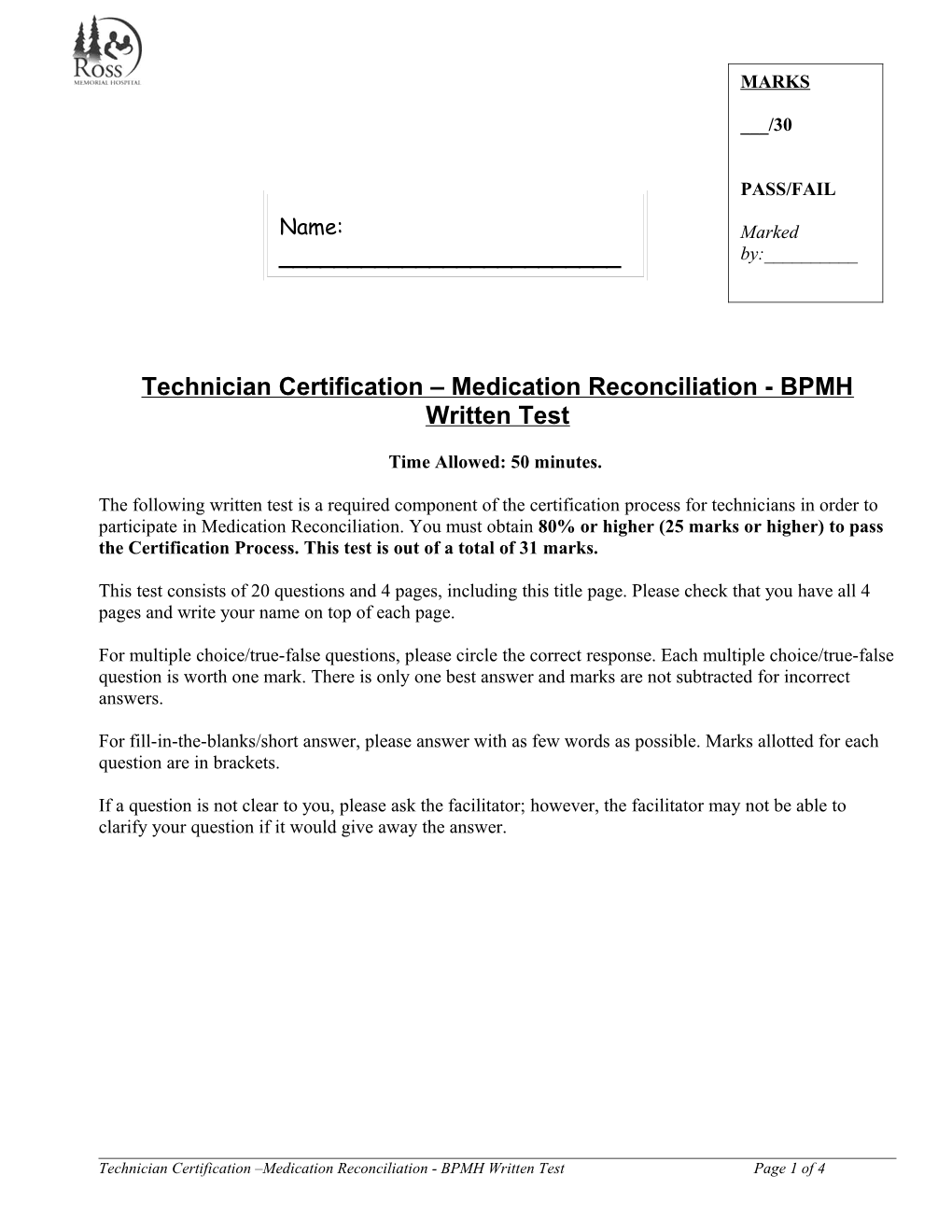 Pharmacy Technician Certification Written Test - Ross Memorial Hospital