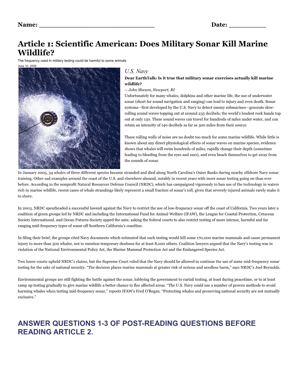 Article 1: Scientific American: Does Military Sonar Kill Marine Wildlife?