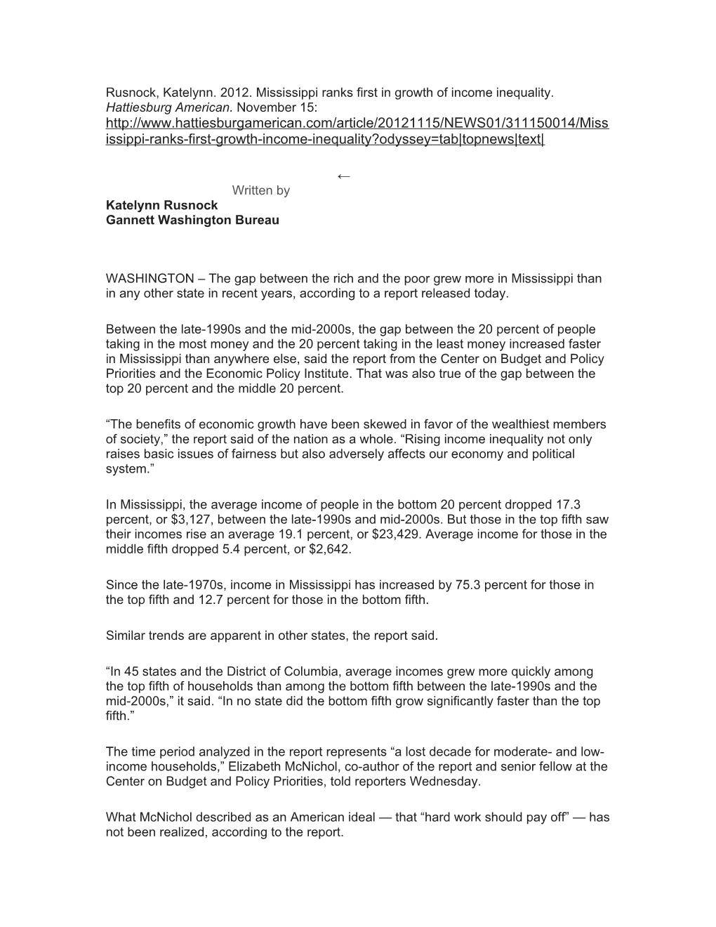 Rusnock, Katelynn. 2012. Mississippi Ranks First in Growth of Income Inequality. Hattiesburg