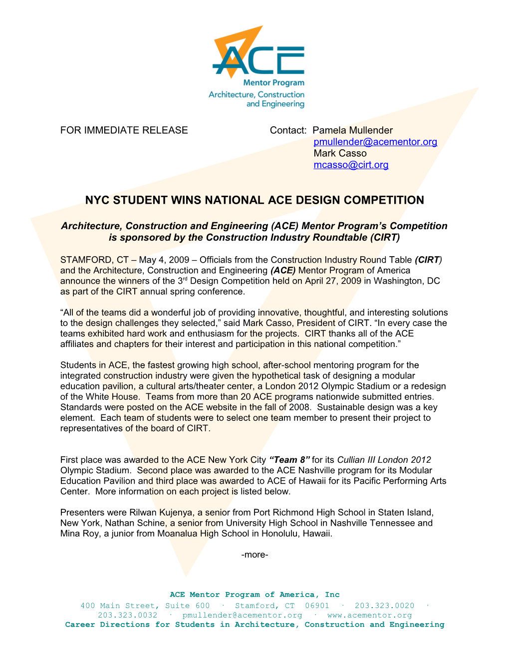 Nyc Student Wins National Ace Design Competition