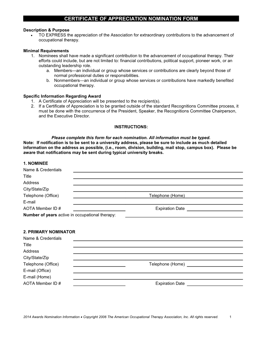 Certificate of Appreciation Nomination Form