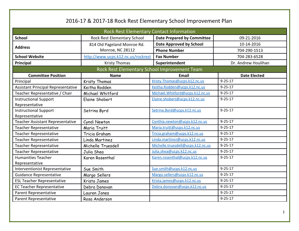 2016-17 & 2017-18Rock Rest Elementary School Improvement Plan