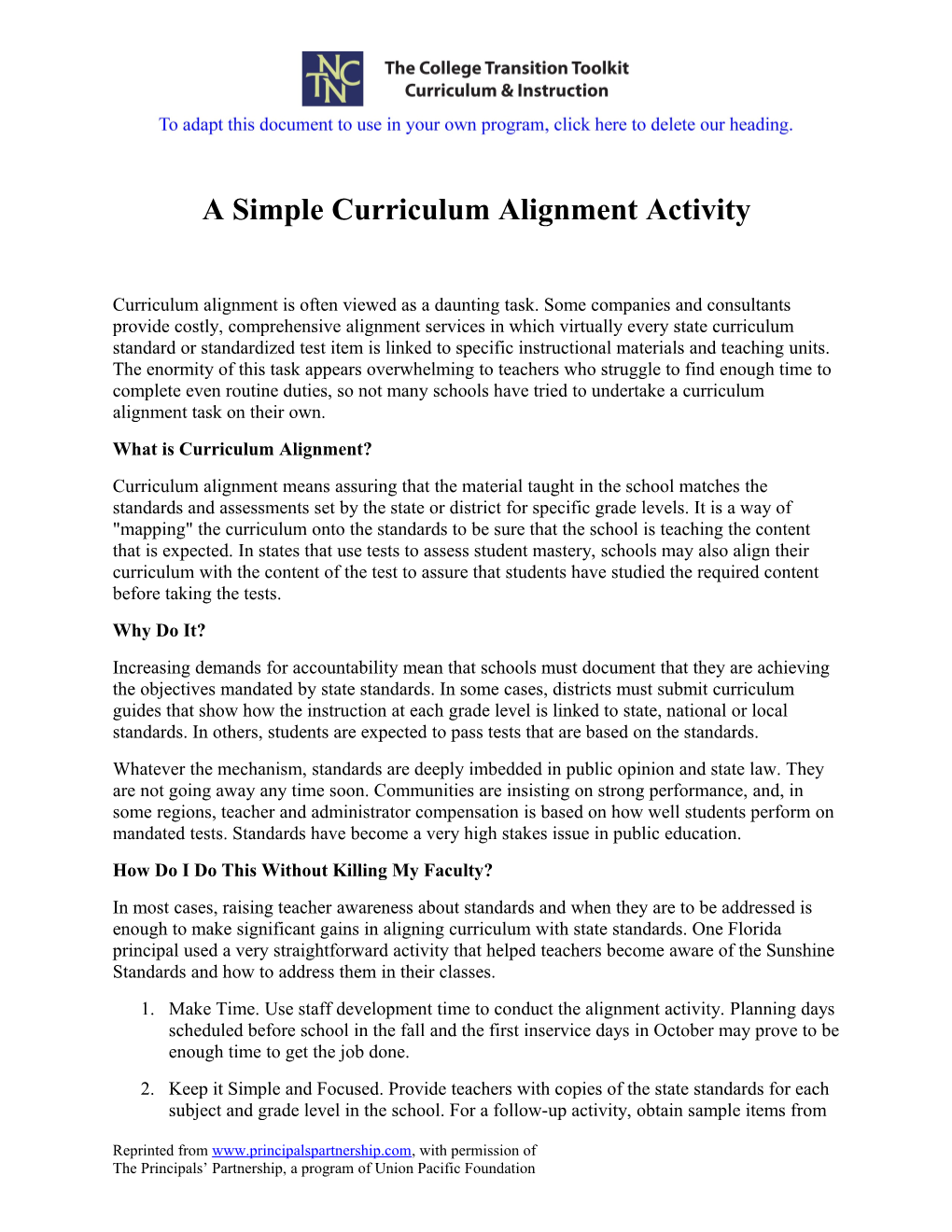 A Simple Curriculum Alignment Activity