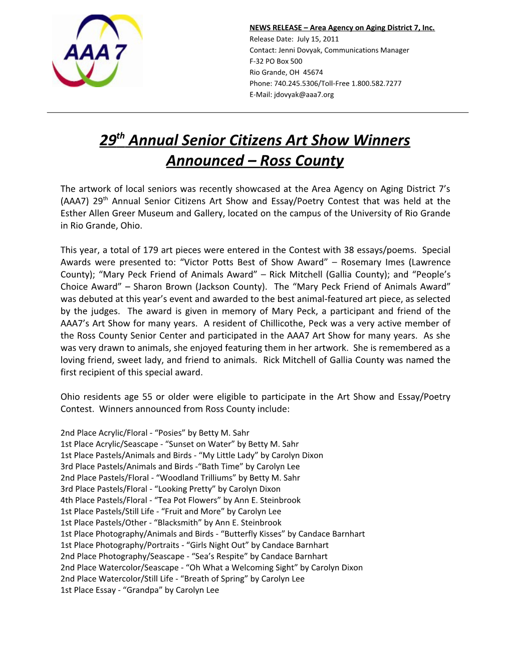 29Th Annual Senior Citizens Art Show Winners Announced Ross County