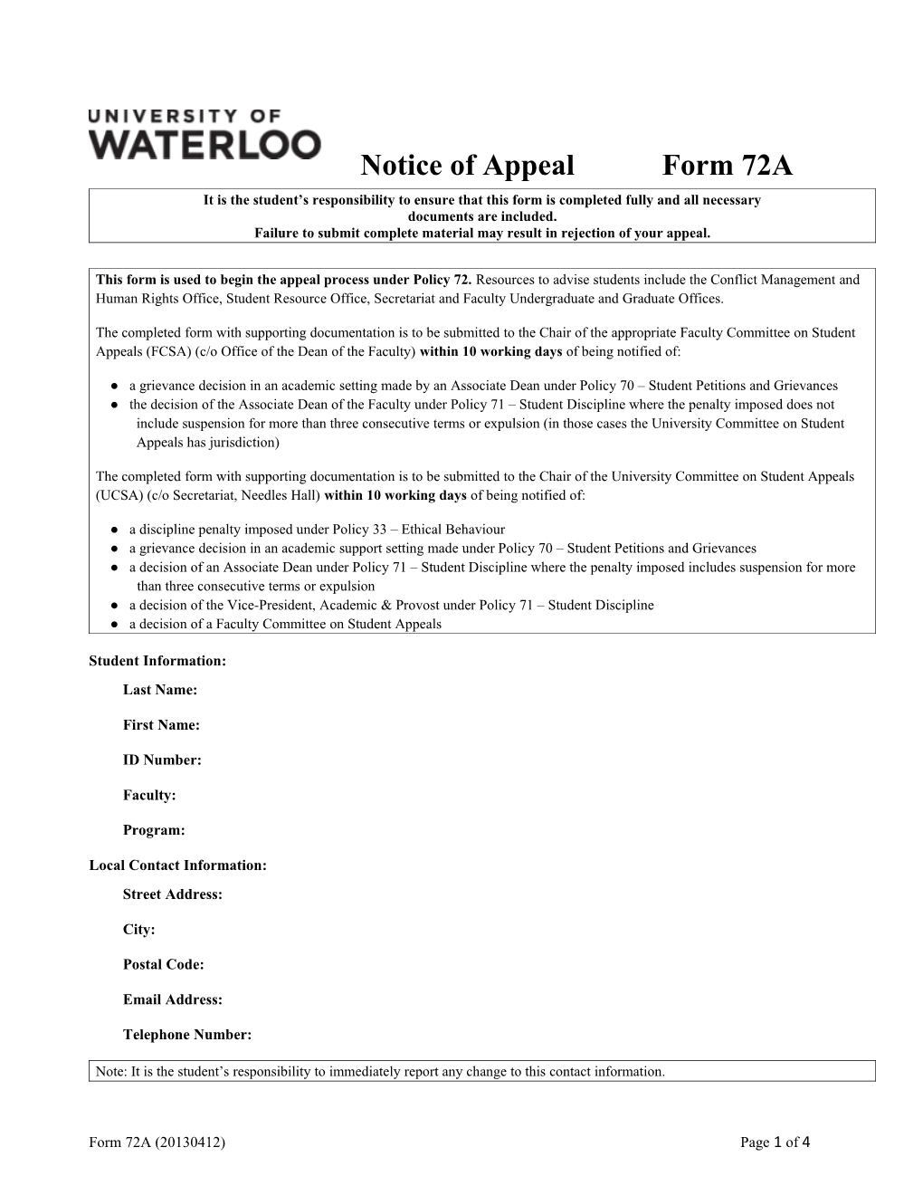 Notice of Appeal Form 72A