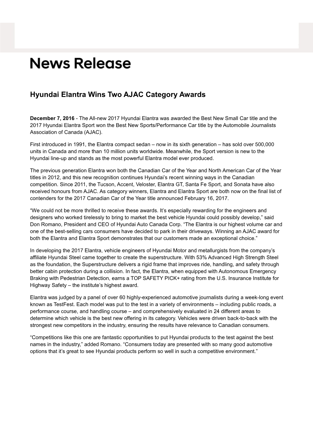 Hyundai Elantra Wins Two AJAC Category Awards