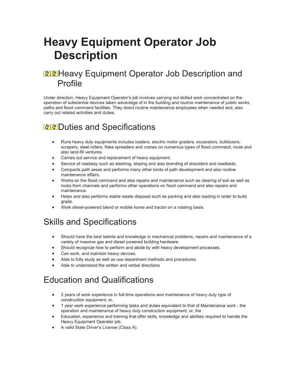 Heavy Equipment Operator Job Description and Profile