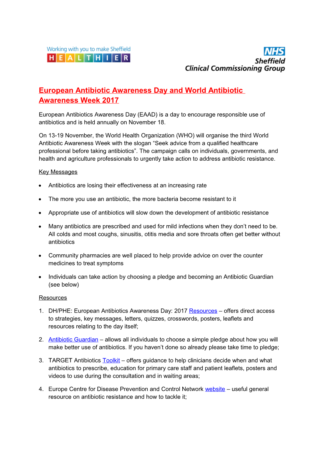 European Antibiotic Awareness Day and World Antibiotic Awareness Week 2017