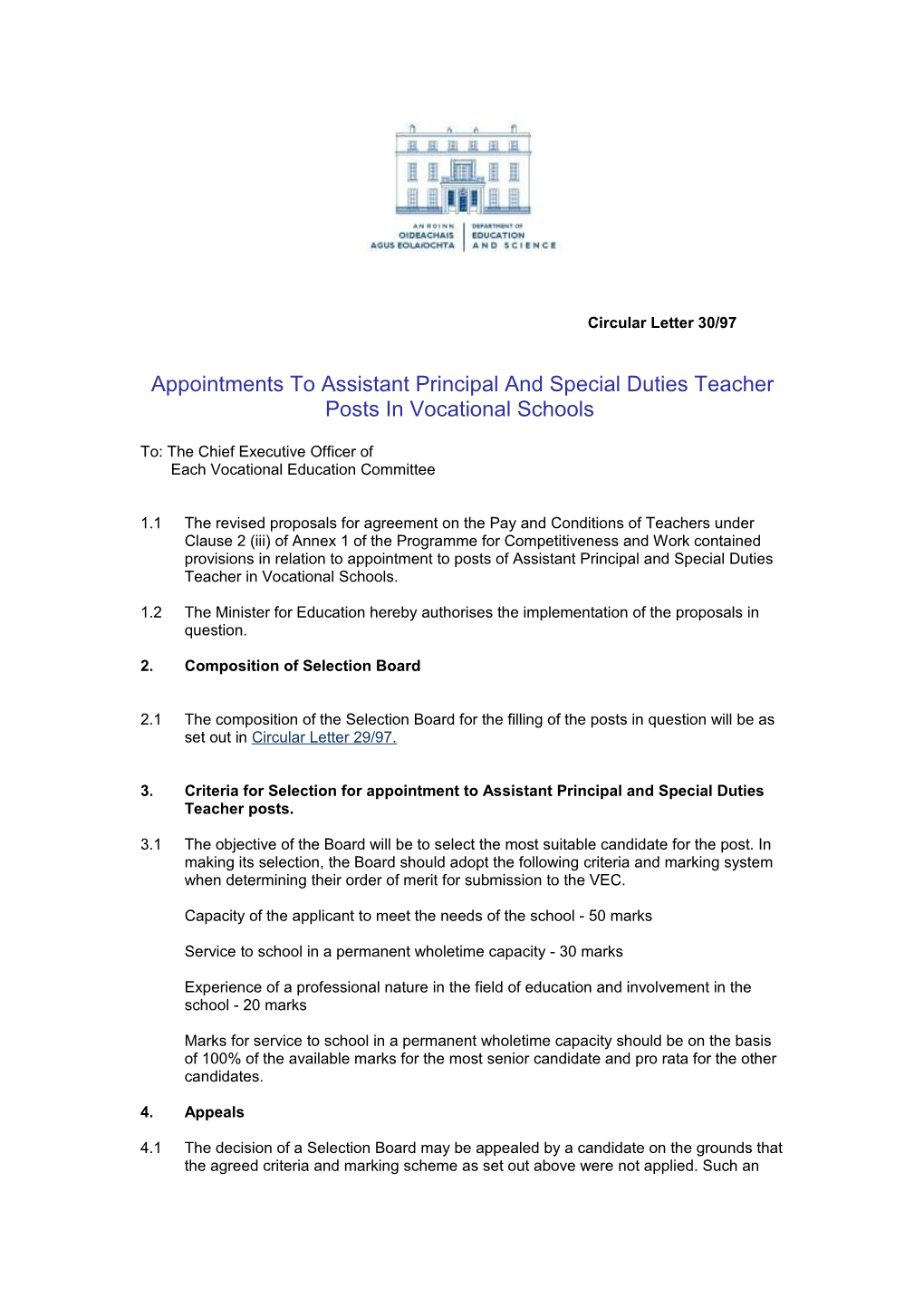 Circular 30/97 - Appointments to Assistant Principal and Special Duties Teacher Posts In