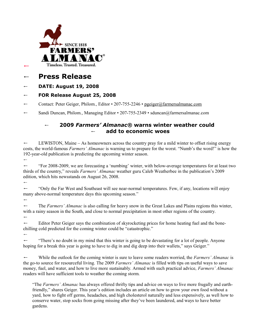 Farmers Almanac Press Release