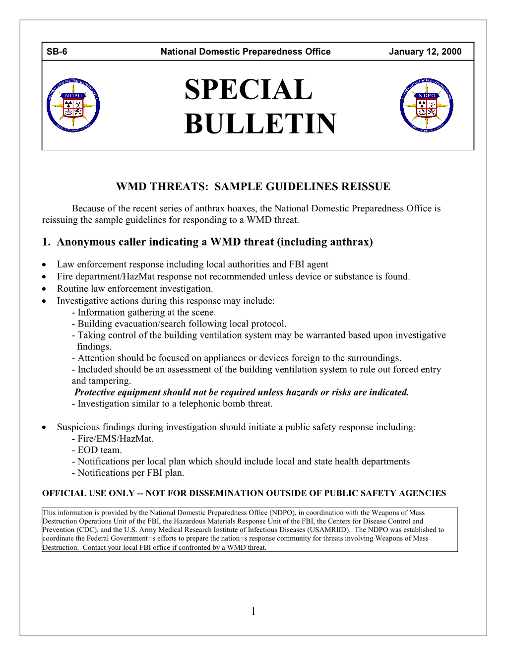 SB-6 National Domestic Preparedness Office January 12, 2000