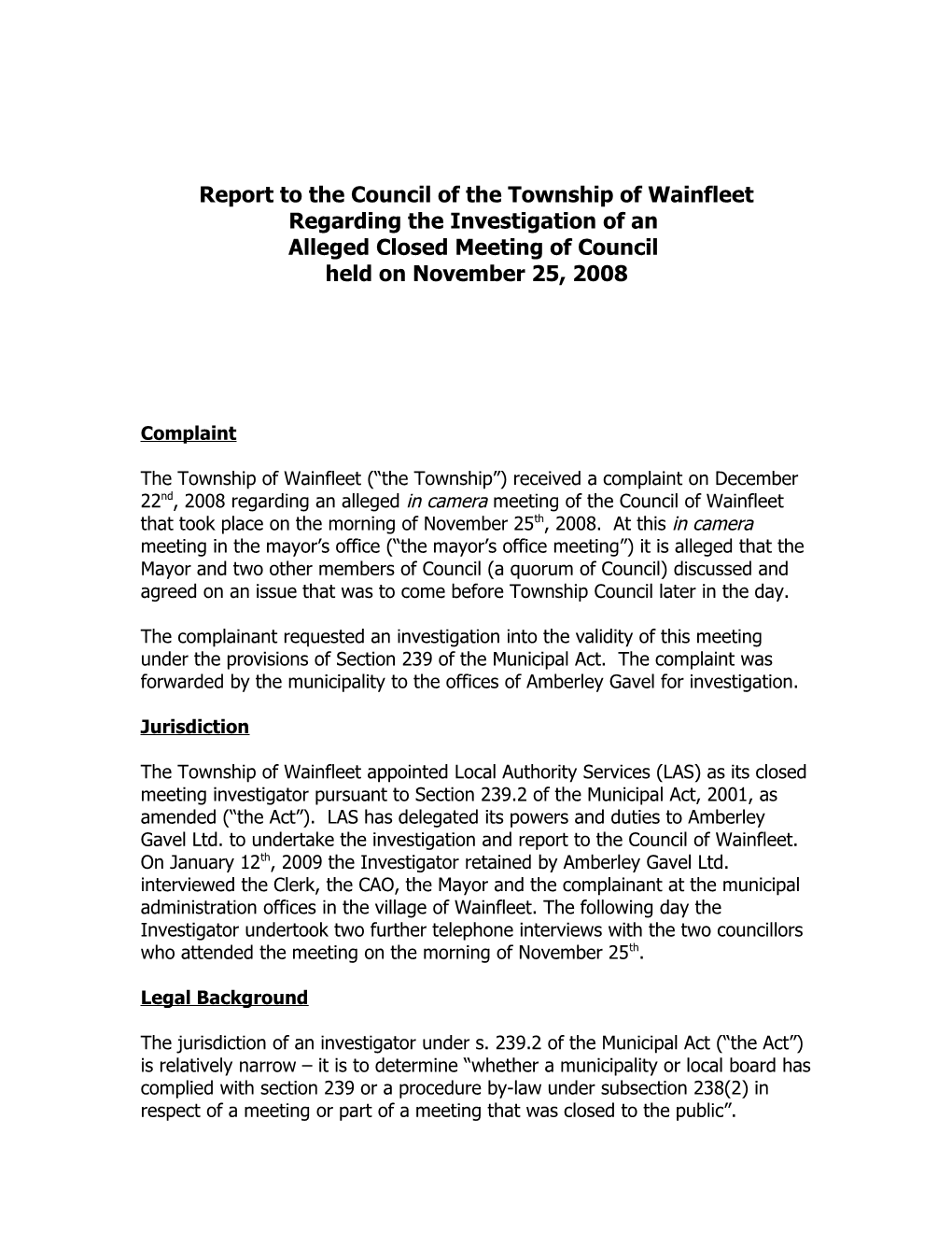 Report to the Council of the Township of Wainfleet