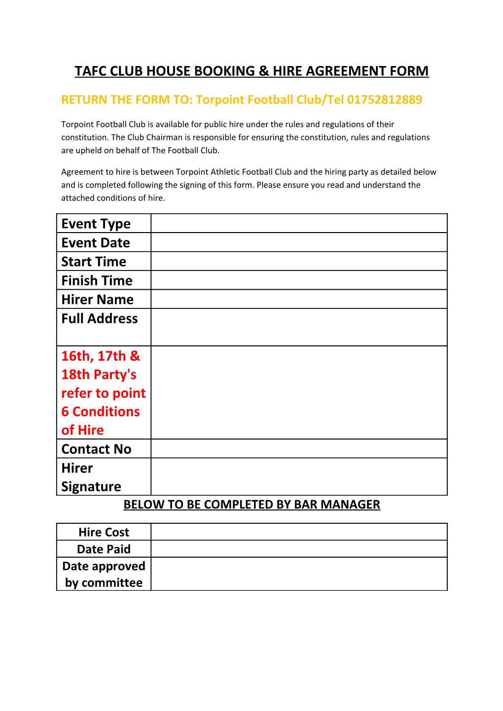 Tafc Club House Booking & Hire Agreement Form