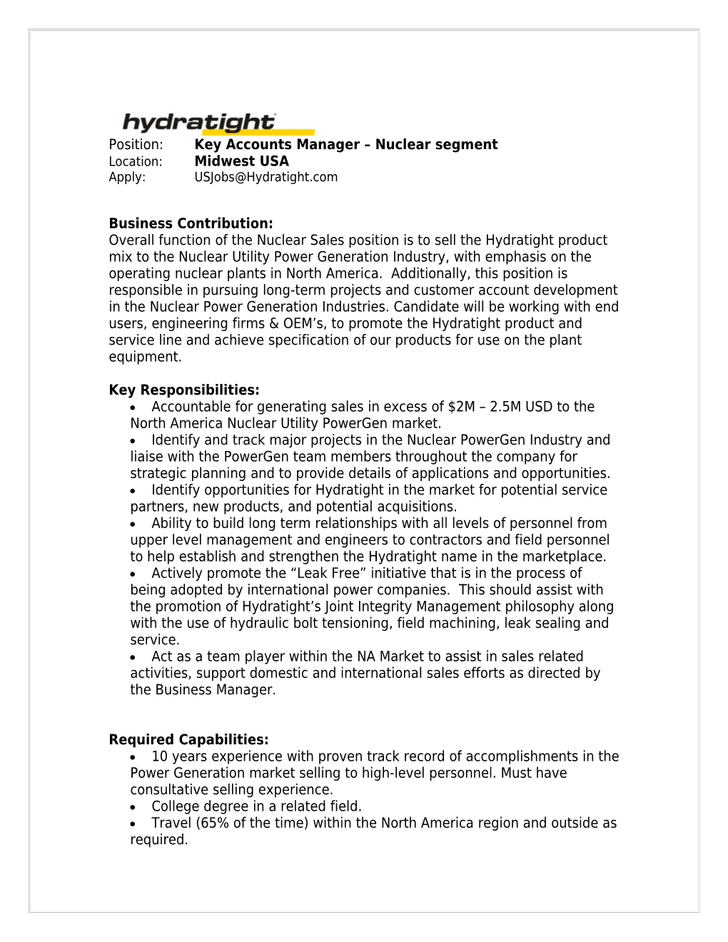Position: Key Accounts Manager Nuclear Segment