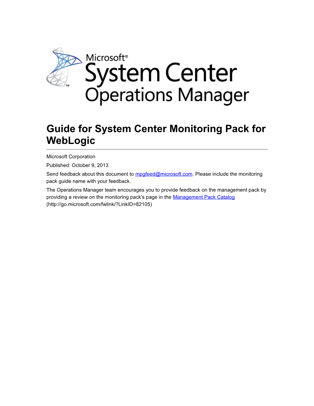 Guide for System Center Monitoring Pack for Weblogic