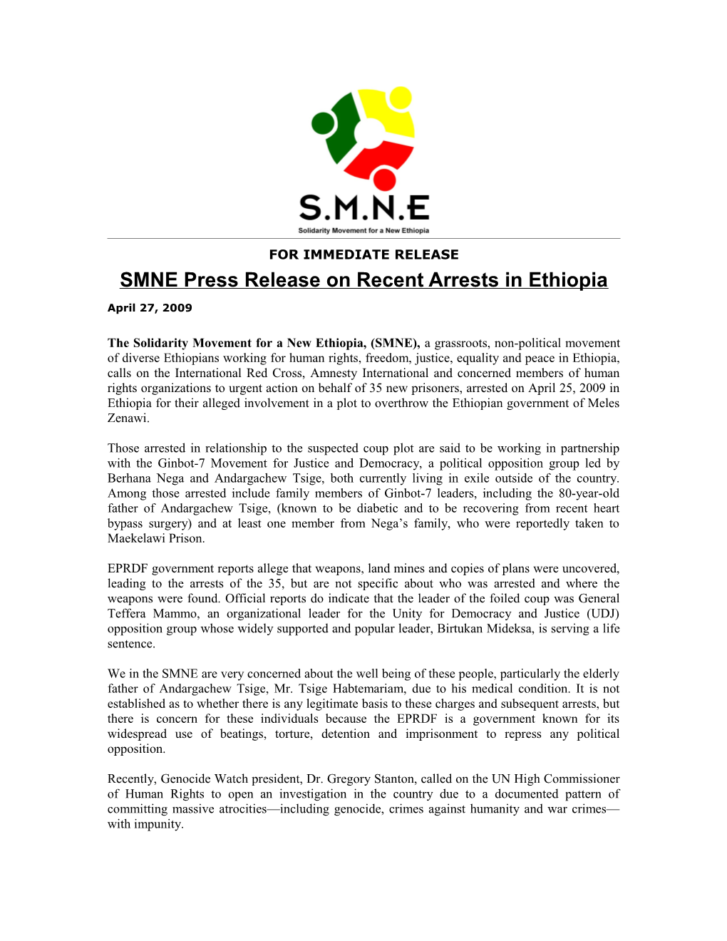 SMNE Press Release on Recent Arrests in Ethiopia