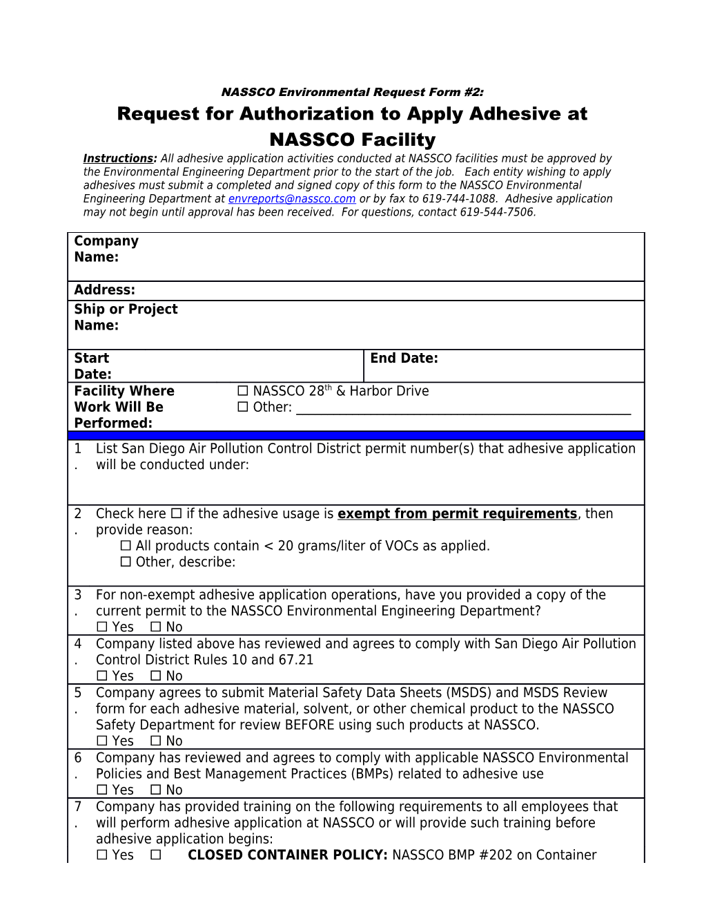 Application for Authorization to Apply Adhesives