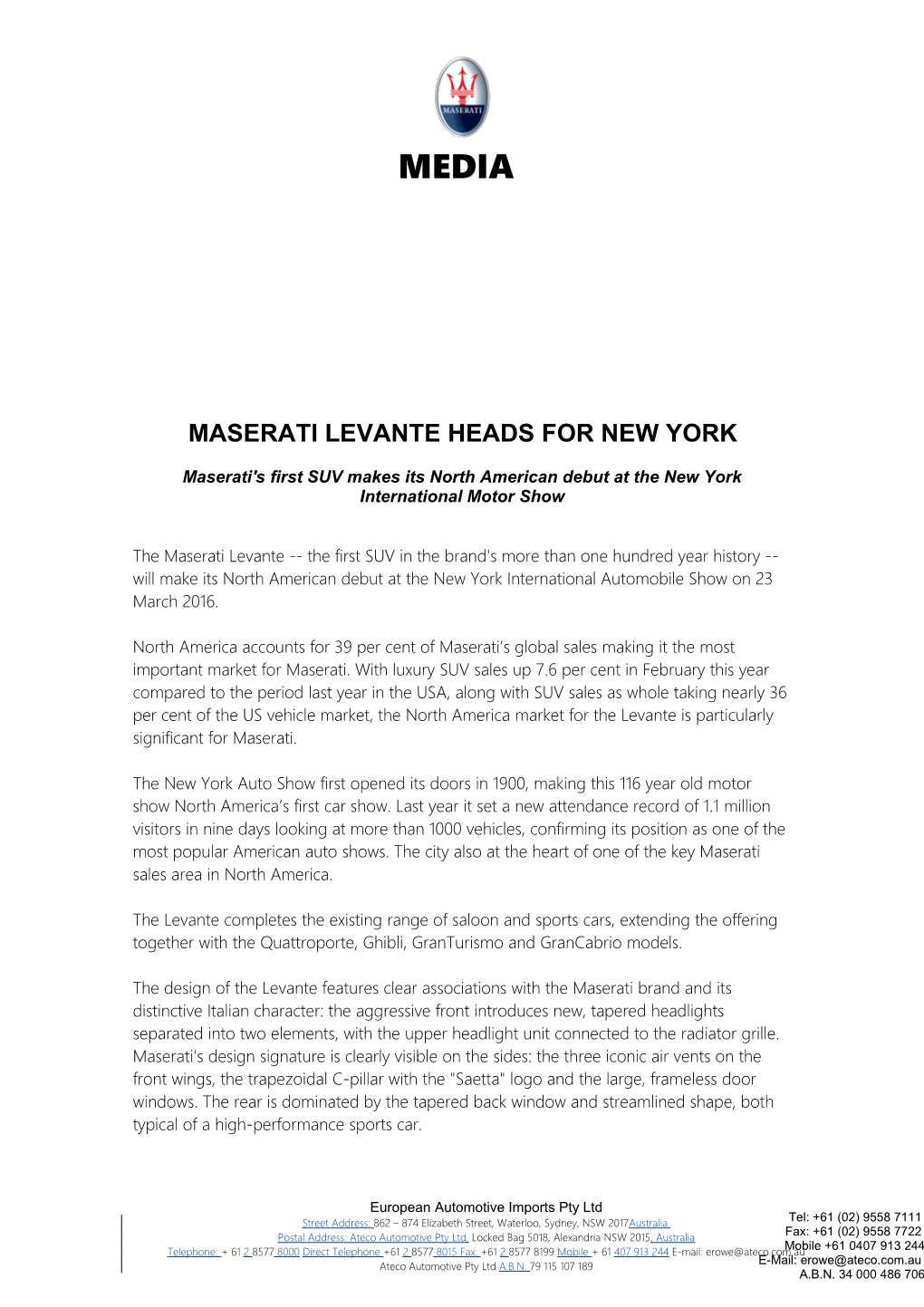 Maserati Levante Heads for New York