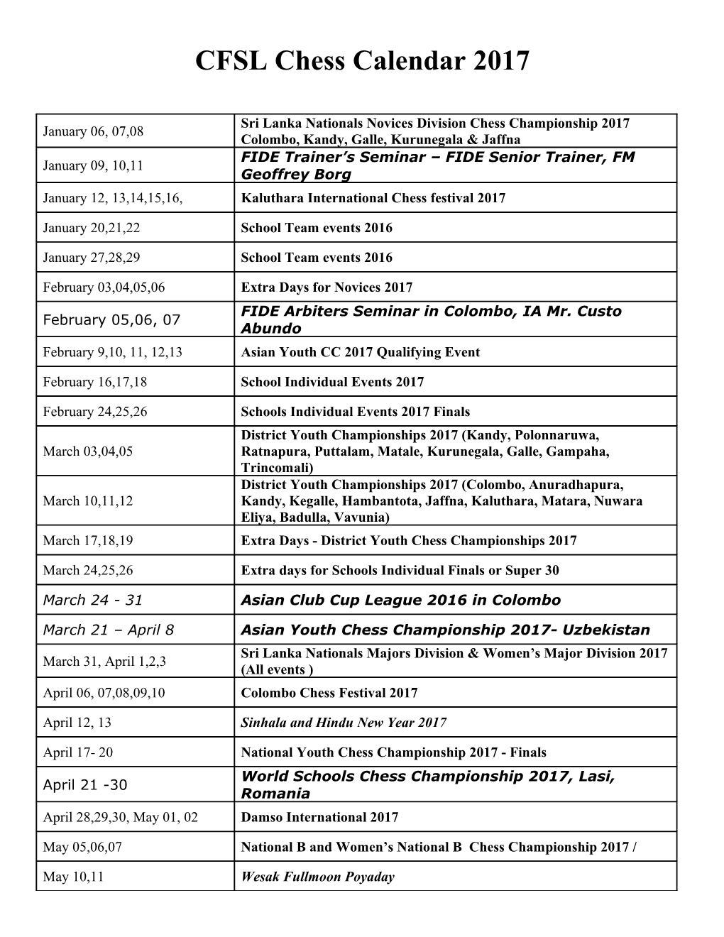 CFSL Chess Calendar 2017