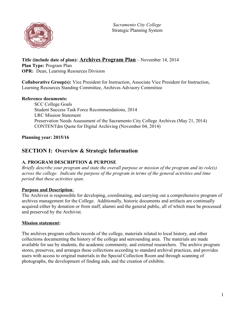Title (Include Date of Plan):Archives Program Plan November 14, 2014