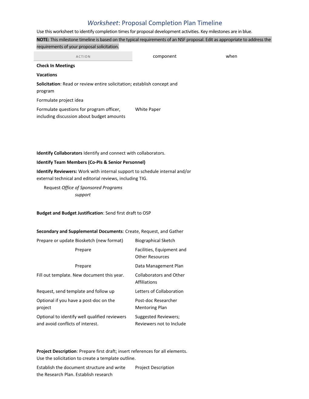 NSF CAREER Proposal Completion Worksheet