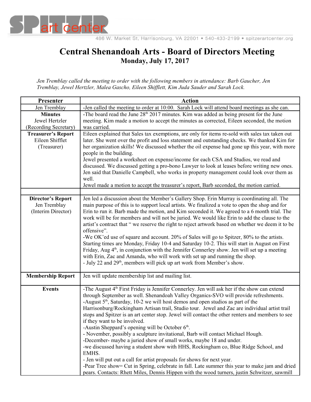 Central Shenandoah Arts - Board of Directors Meeting