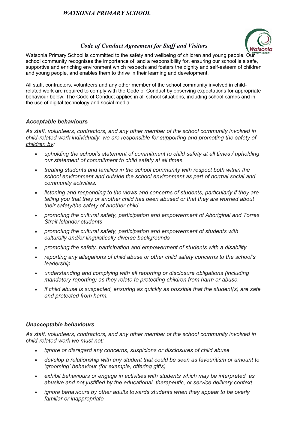 Code of Conduct Agreement for Staff and Visitors