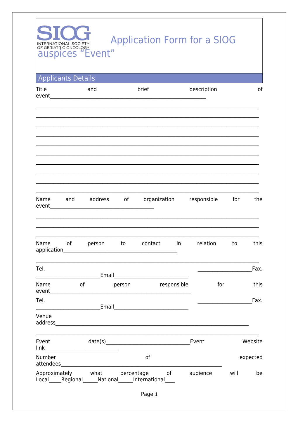 Application Form for a SIOG Auspices Event