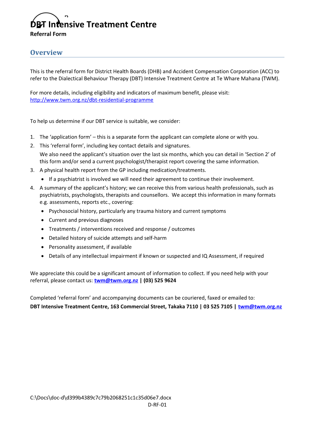 DBT Intensive Treatment Centre Referral Form