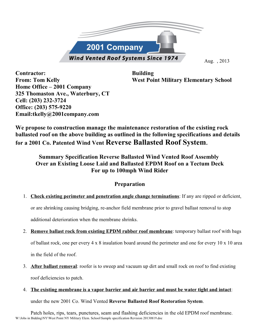 Summary Specification Reverse Ballasted Wind Vented Roof Assembly