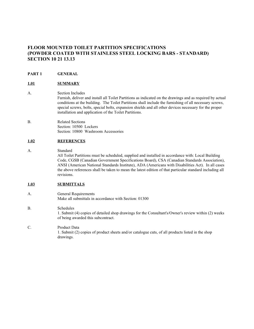 Floor Mounted Toilet Partition Specifications