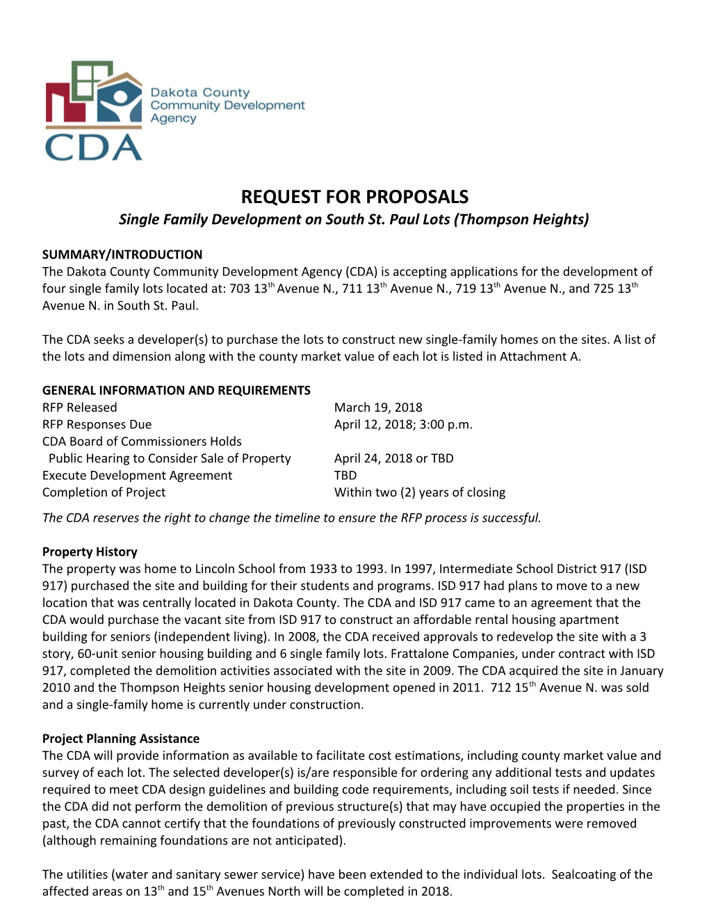 REQUEST for PROPOSALS Single Family Development on South St. Paul Lots (Thompson Heights)