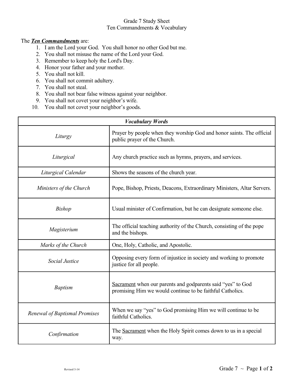 Grade 7 Study Sheet for Ten Commandments