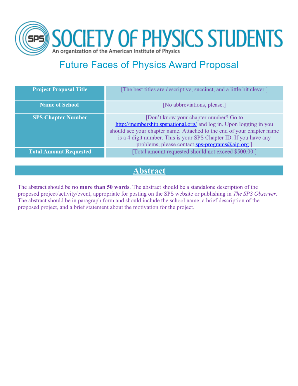 Future Faces of Physics Award Proposal