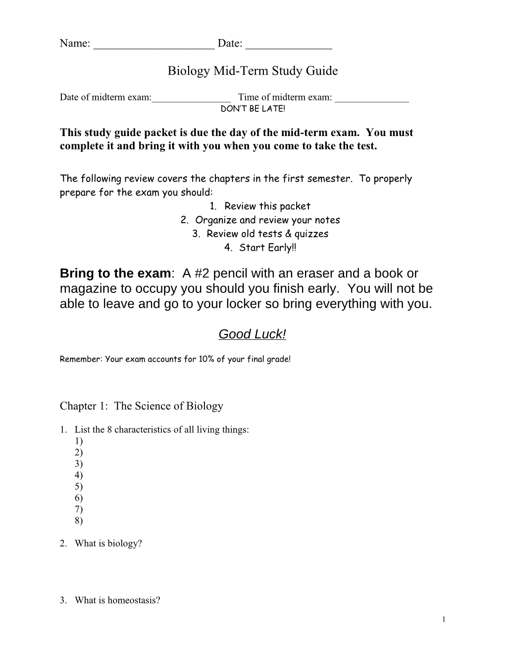 Biology Midterm Review Sheet