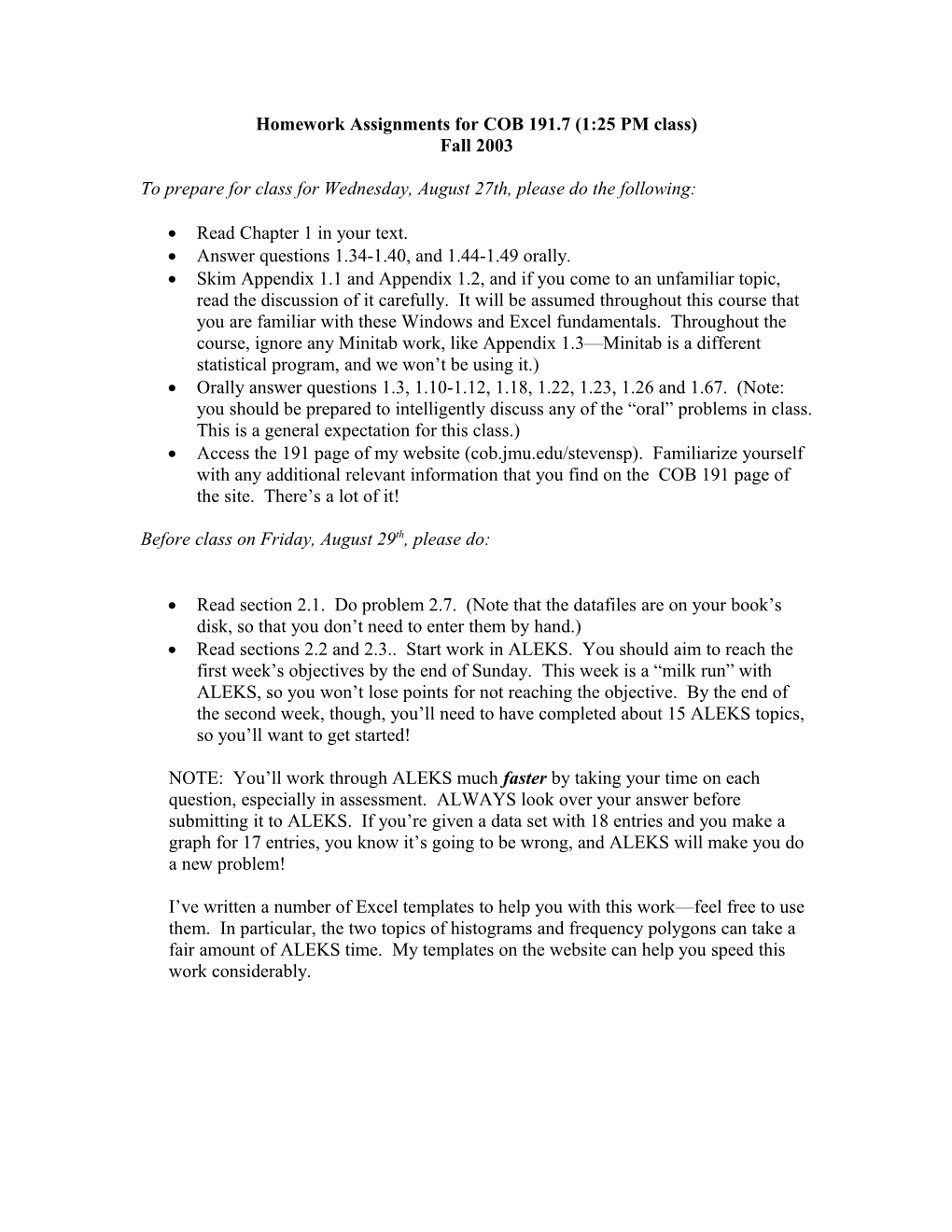Homework Assignments for COB 191