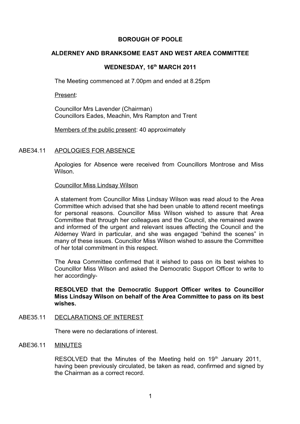 Minutes - Alderney, Branksome East and West Area Committee - 16 March 2011