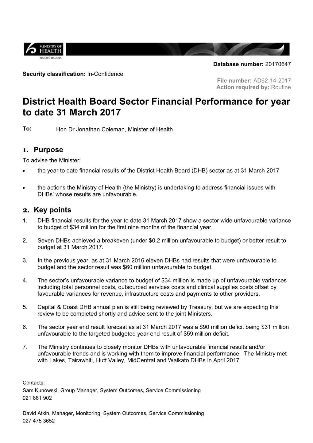 District Health Board Sector Financial Performance for Year to Date 31March 2017