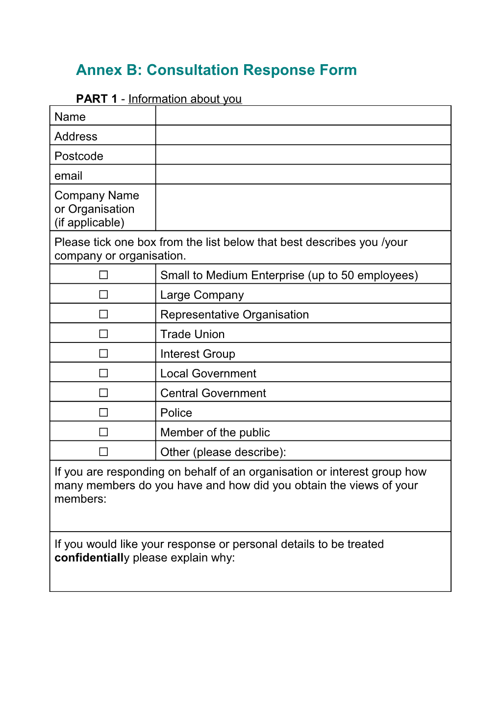 Annex B: Consultation Response Form