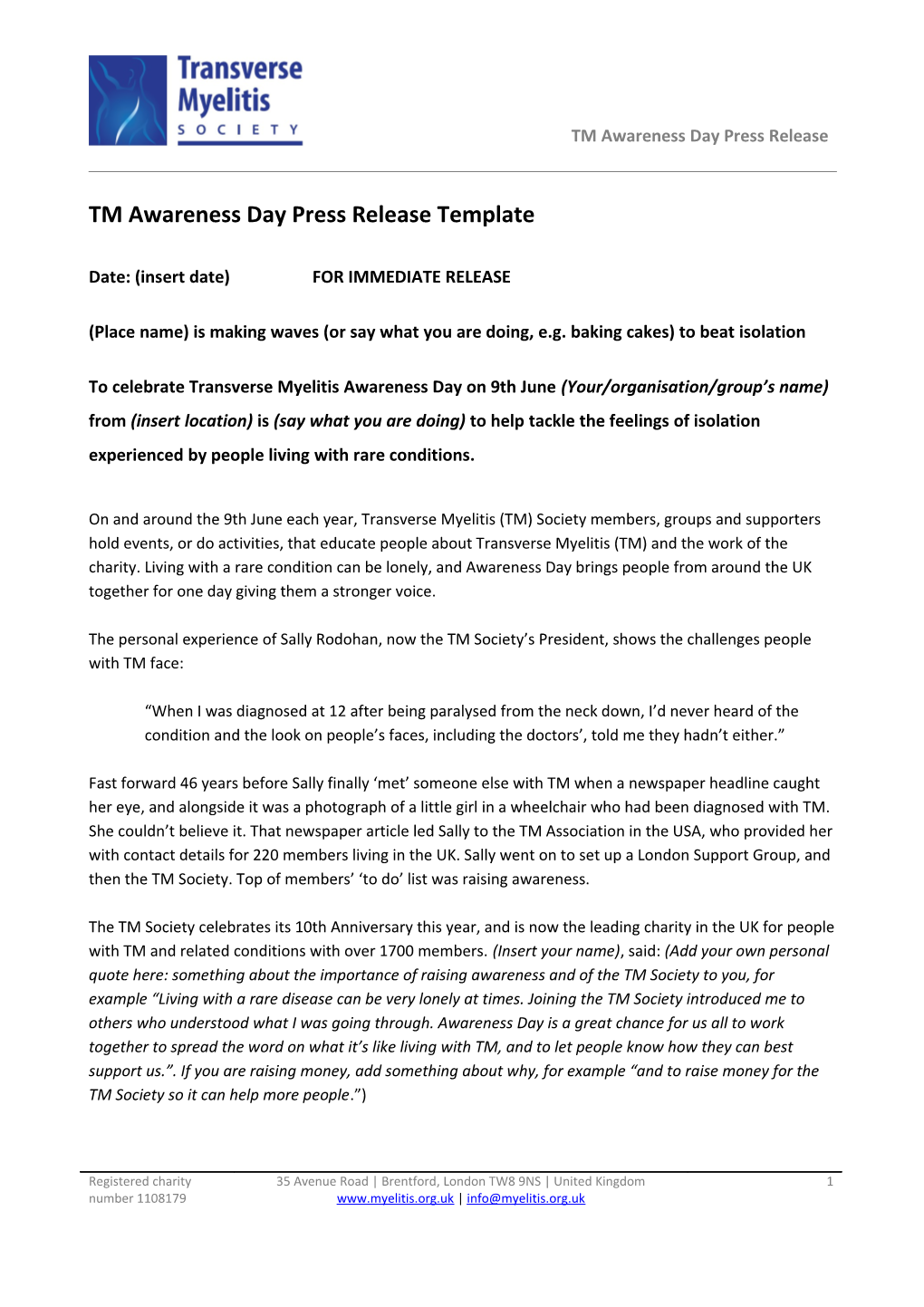 TM Awareness Day Press Release Template