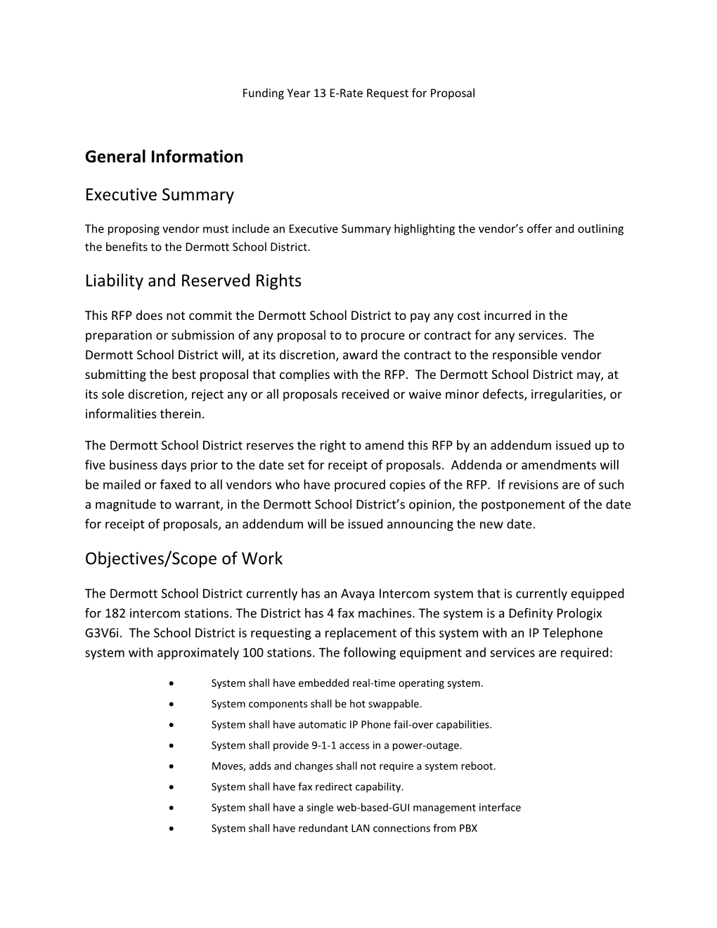 Funding Year 13 E-Rate Request for Proposal