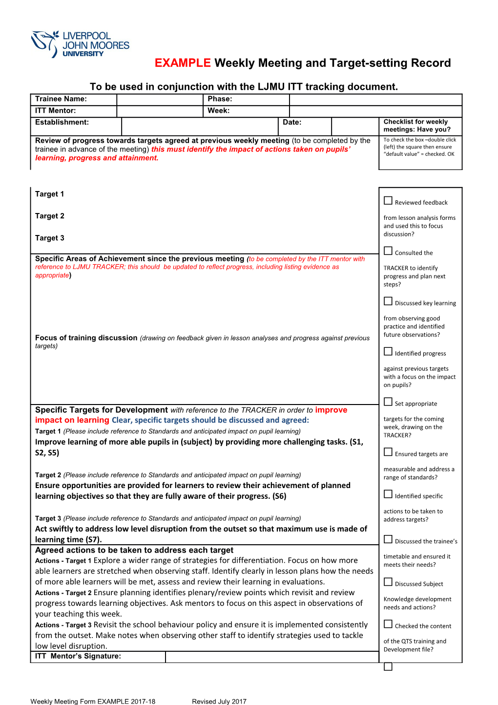 To Be Used in Conjunction with the LJMU ITT Tracking Document