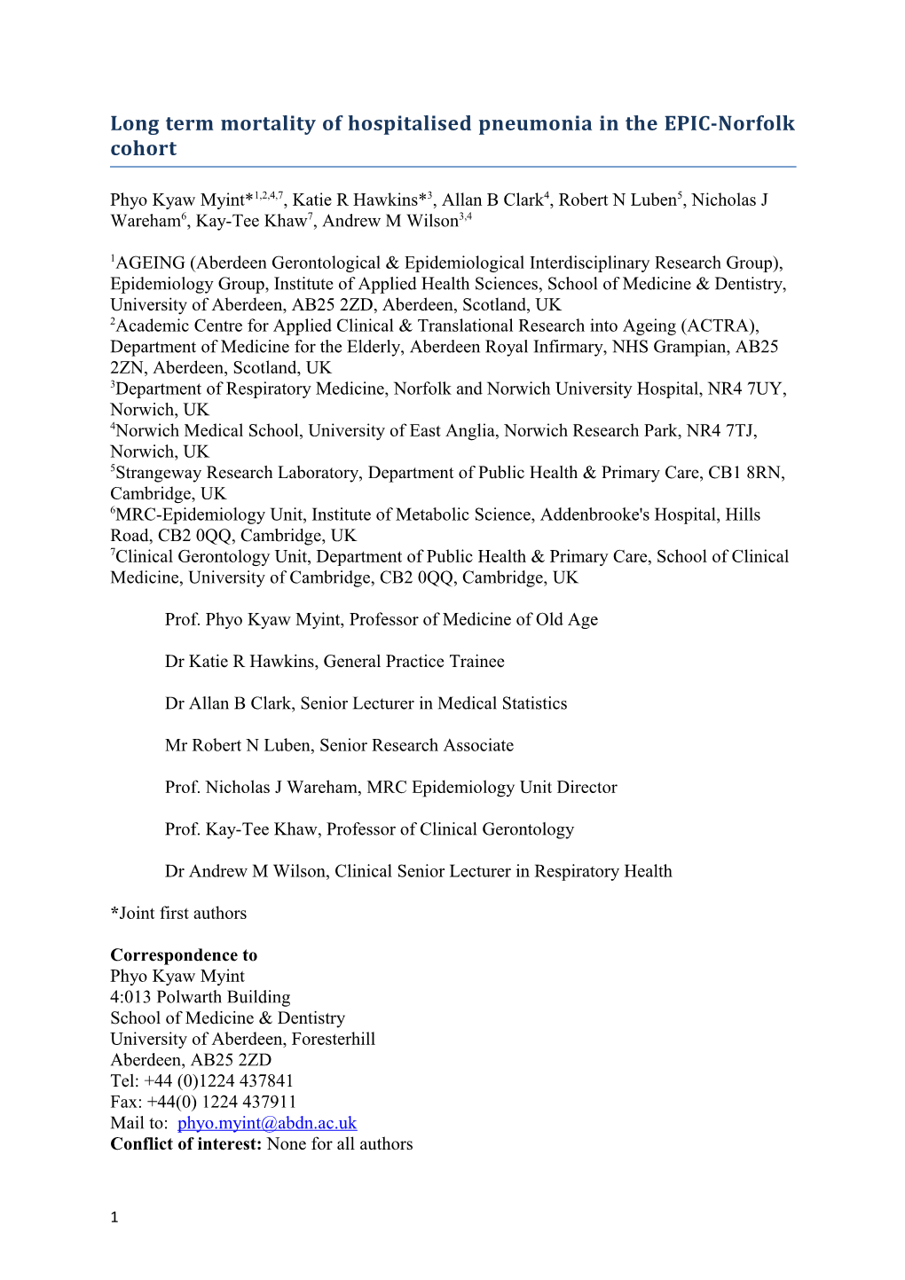 Population Study on the Effects of Pneumonia on Long Term Mortality for All Cause and Specific