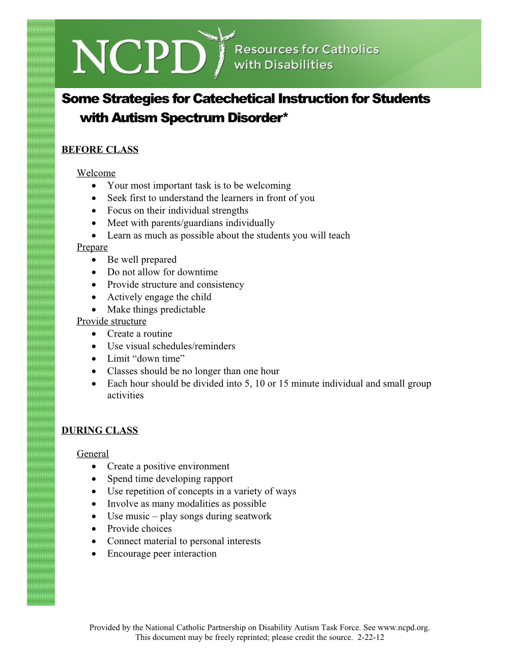 Some Strategies for Catechetical Instruction for Students with Autism Spectrum Disorder*