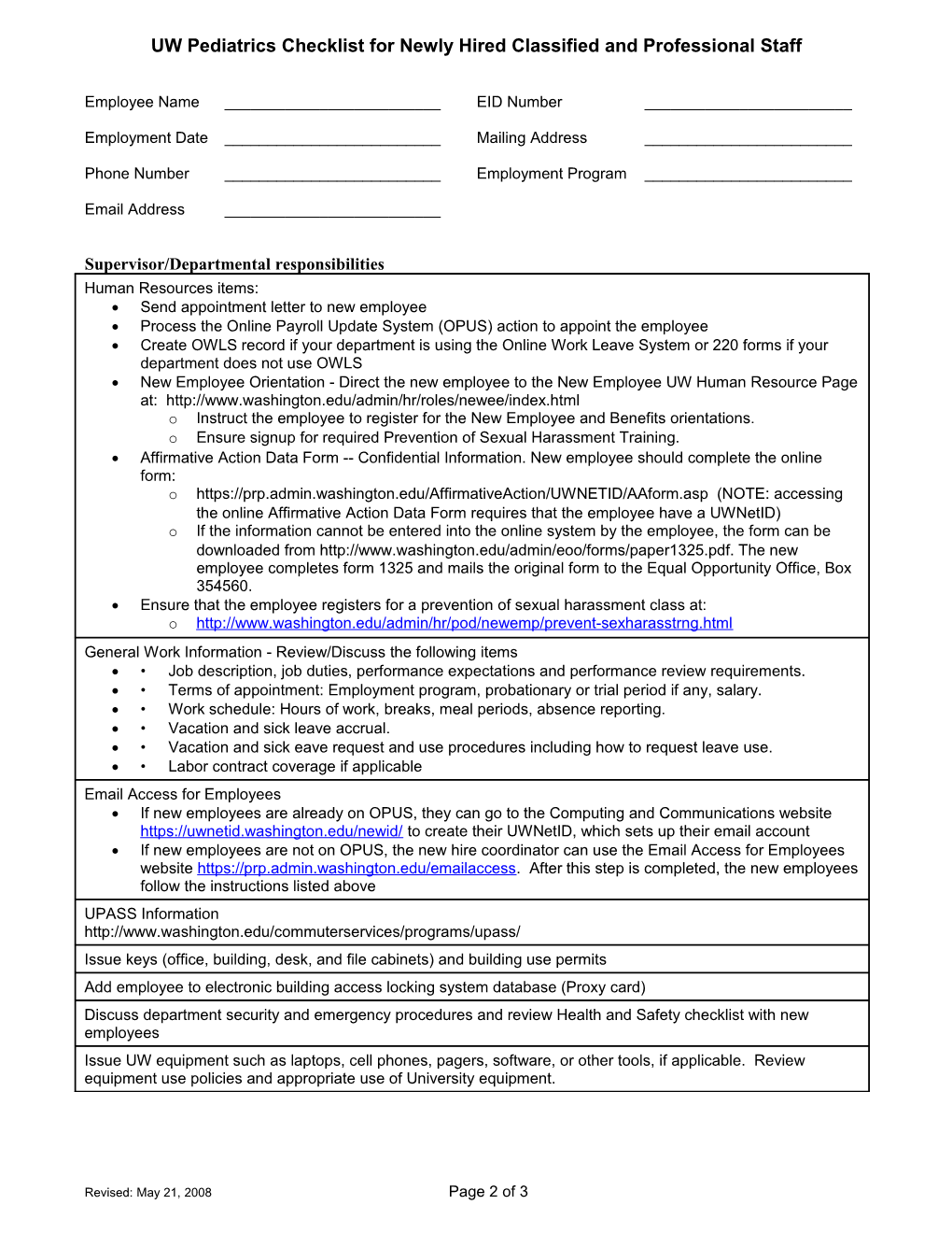 UW Pediatrics Checklist for Newly Hired Classified and Professional Staff