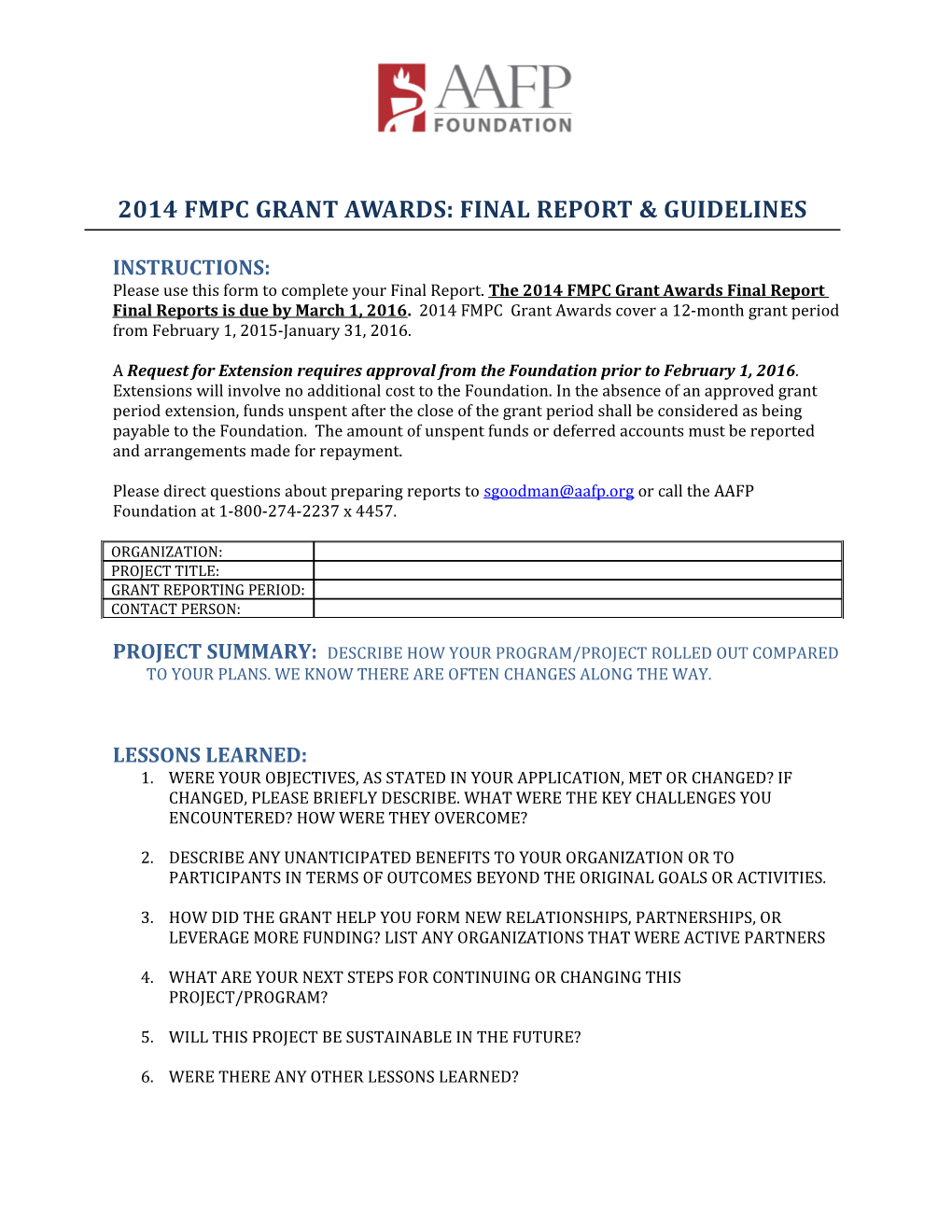 2014 Fmpc Grant Awards: Final Report & Guidelines