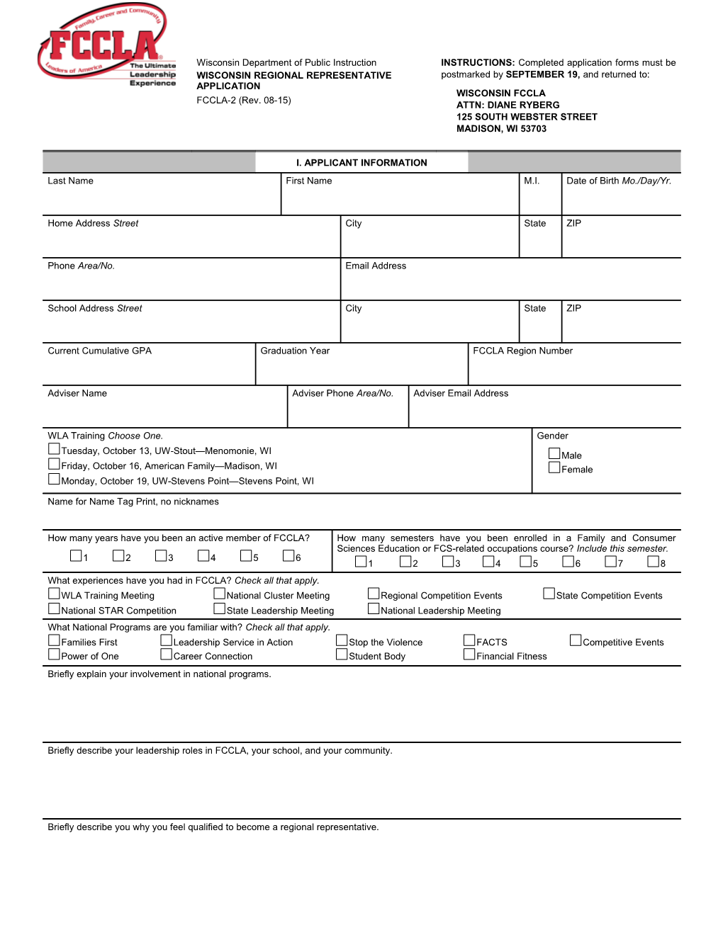 FCCLA Wisconsin Regional Representative Application