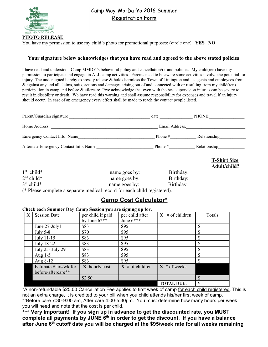 Cost of Camp/Discount Policy
